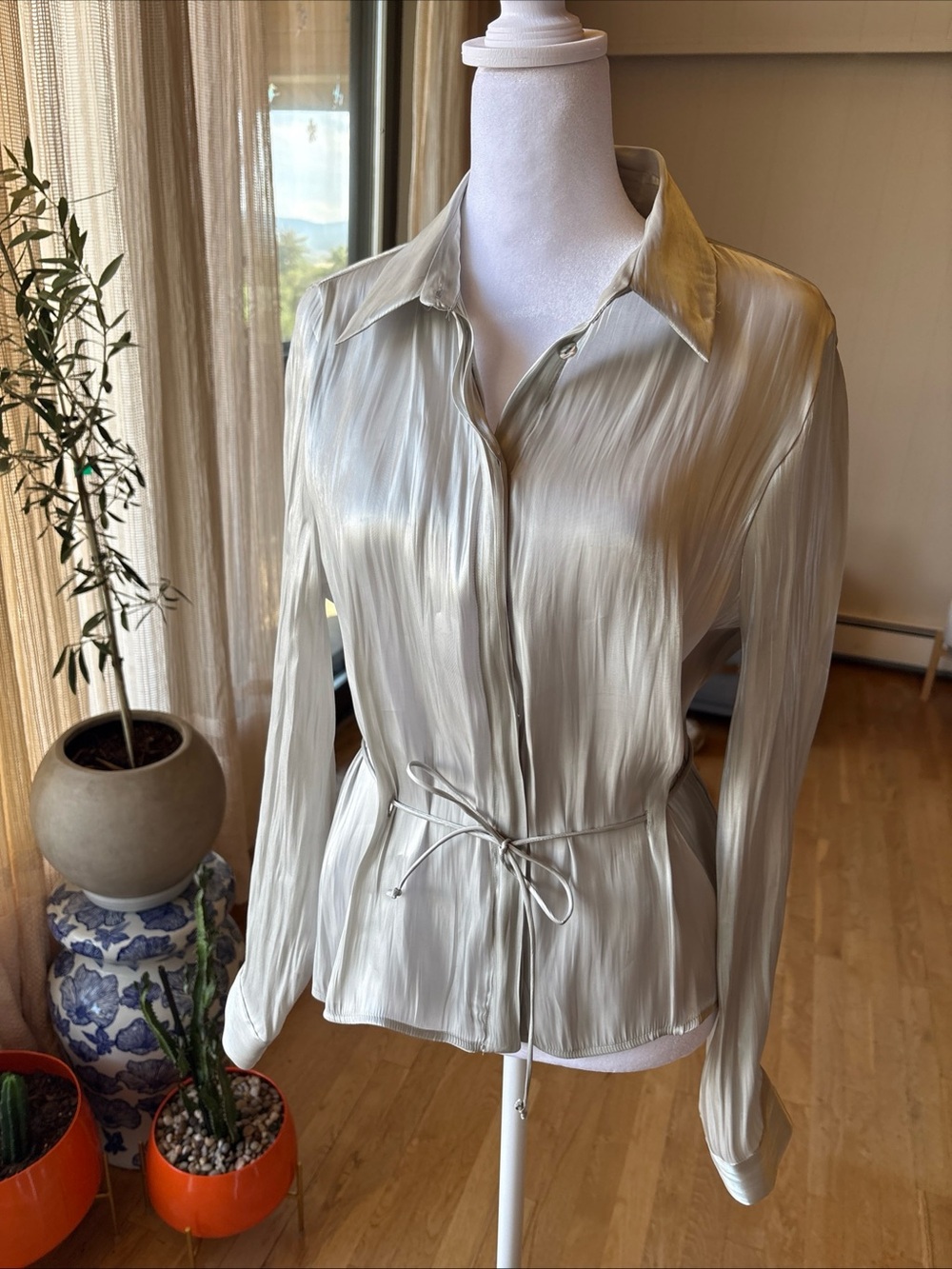 Zara Light Sage Button-Down Tie-Waist Blouse